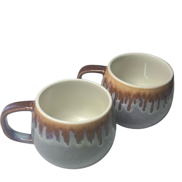 Old Market 2 Ceramic Coffee Mugs With Brown Drip Glaze & Purple Glaze.