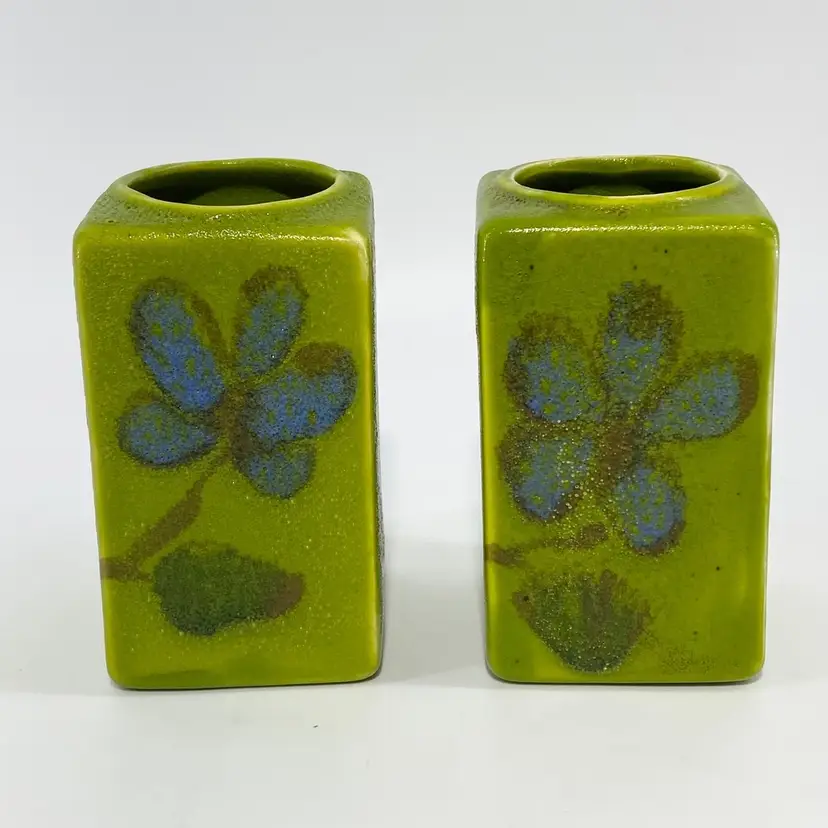 Set Of 2 Matching  4" MCM Rectangle Ceramic Hand Painted Floral Vases