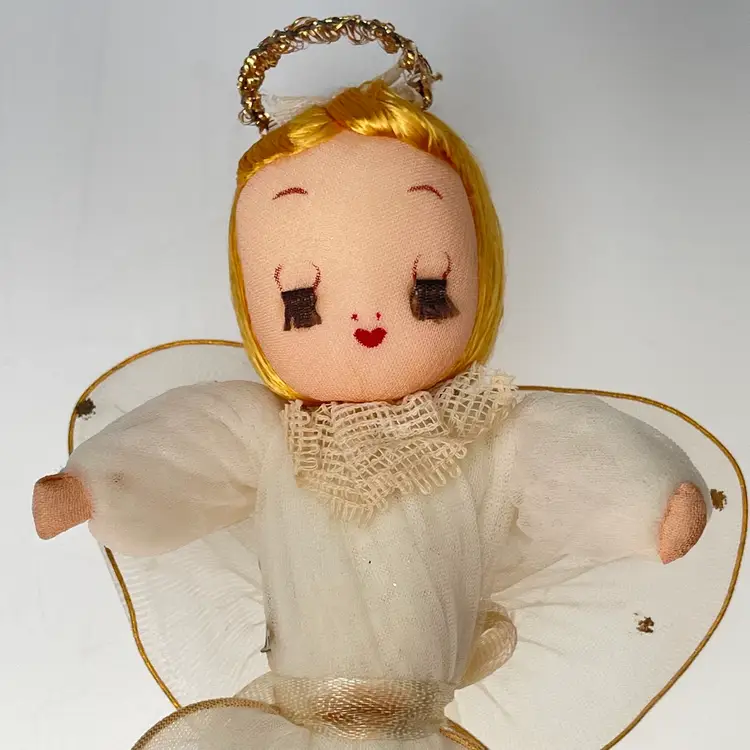 Eyelash Angel Stockinette Tulle Mesh Wings Vintage Midcentury Japan Christmas Ornament 6"