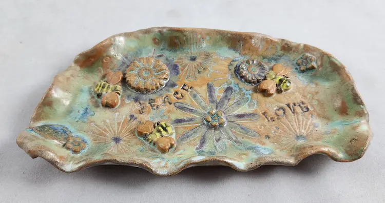 Art Pottery "Peace Love" Trinket Dish Flowers Bees - Signed