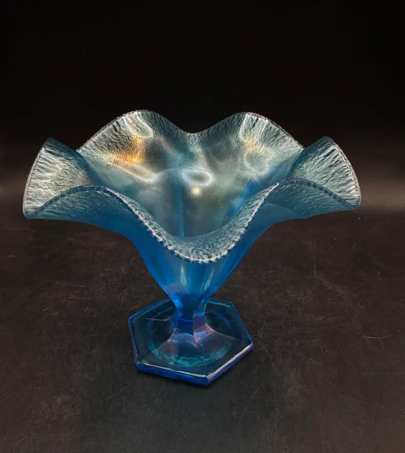 Vintage Fenton #574 Iridescent Stretch Celeste Blue Compote Ruffled Vase 5.3/8”