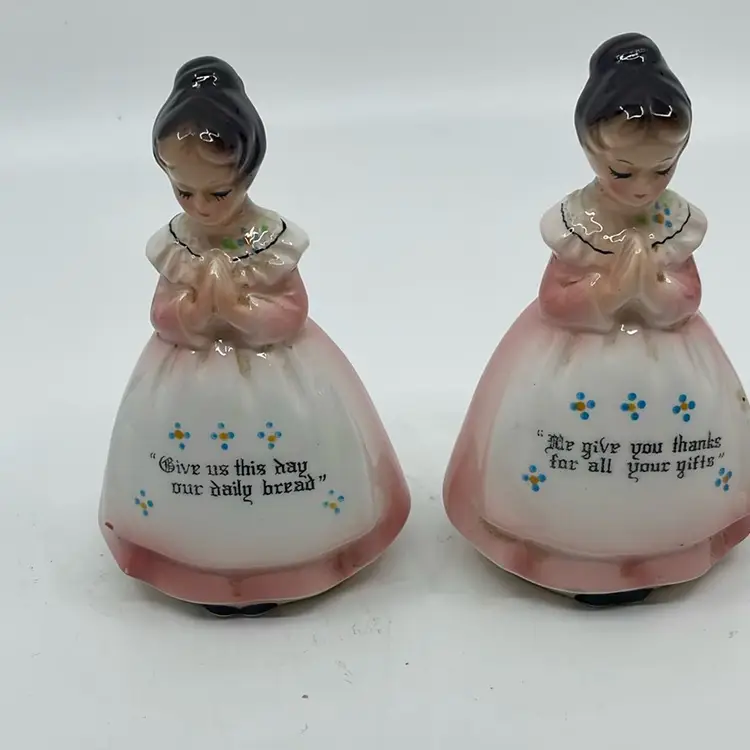 Vintage Enesco Prayer Ladies Ceramic Salt And Pepper Shaker Set, Pink, Japan