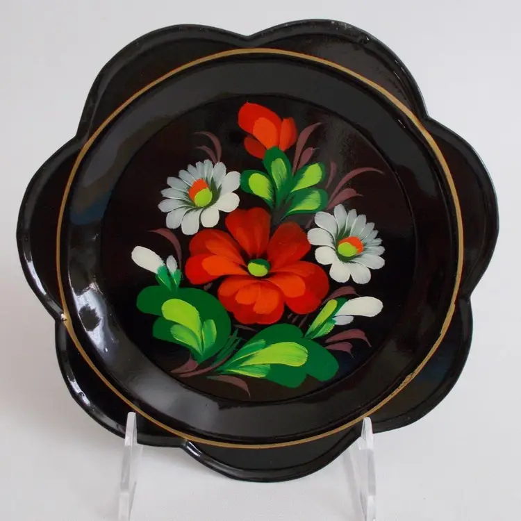 Russian Metal Plate Hand Painted Black Enamel Dish Floral Toleware Decor