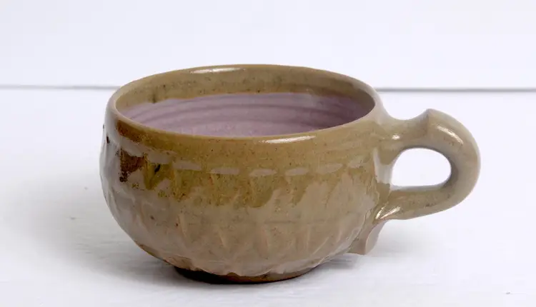 Art Pottery Embossed Mug Iridescent Interior Glaze Baida V Signature