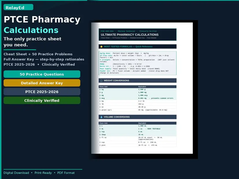 PTCE Pharmacy Calculations: Practice Guide + 50 Practice Problems & Answer Key