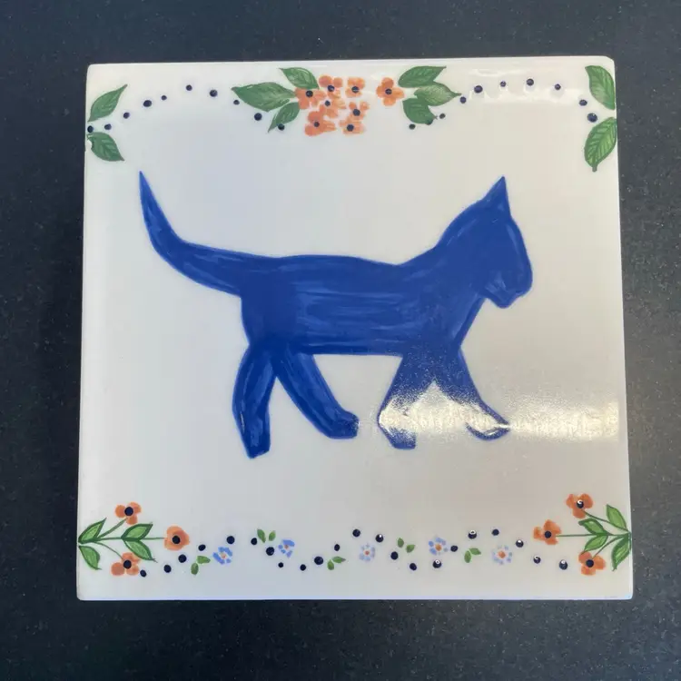 Pair (2) Hand Painted Cat Ceramic Art Tile Wall 6” Square