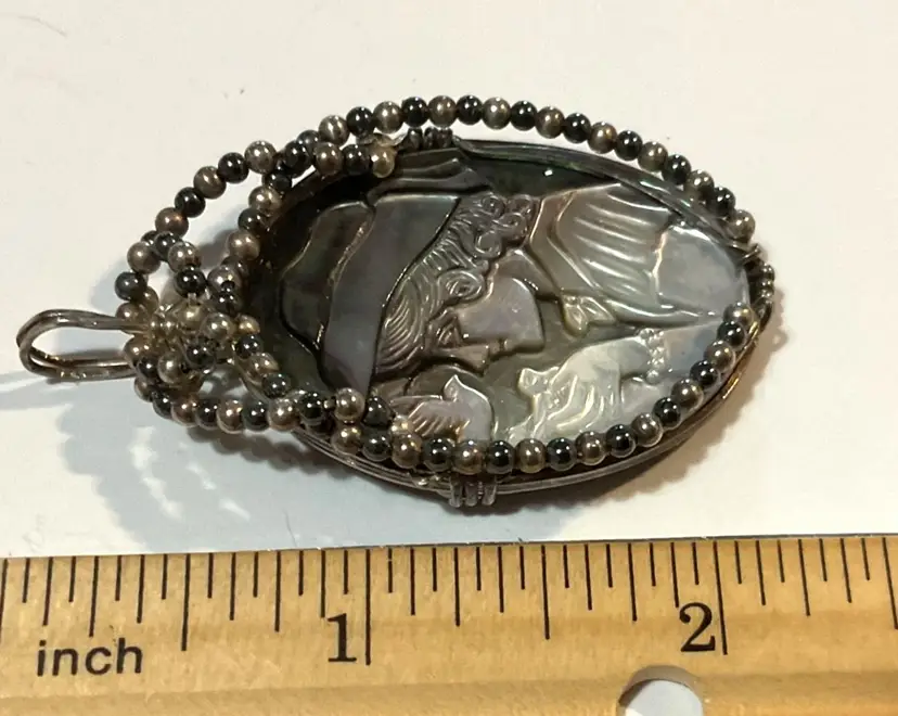 Vintage Abalone Cameo Pendant Hand Carved With Beaded Border 2" H