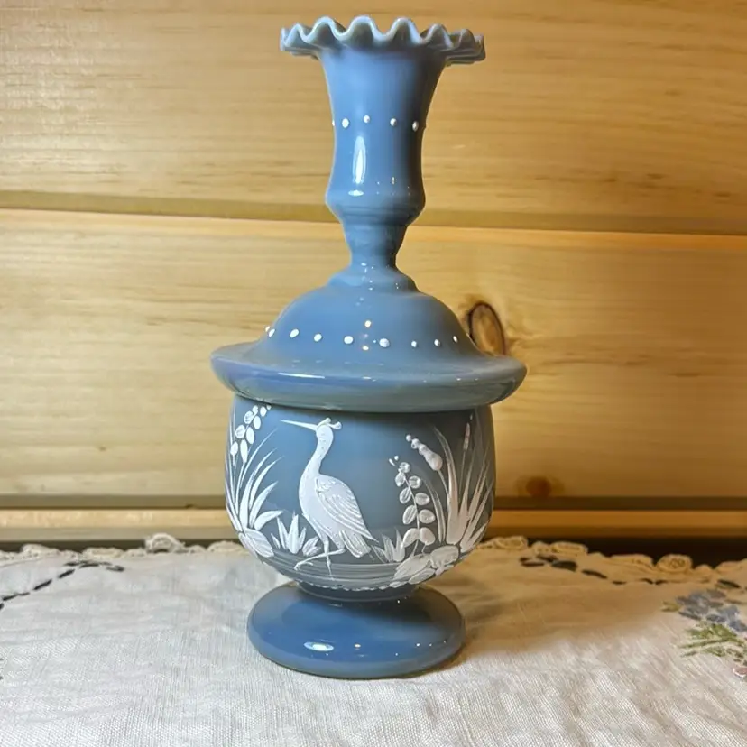 Antique Bristol Opaline Heron Crane Glass Apothecary Jar With Ruffled Lid Topper