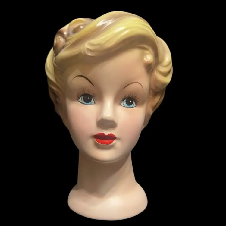 Enesco Ceramic Lady Head Vase, Blonde Hair Blue Eyes Red Lips, Japan, 6in x 4in x 4in