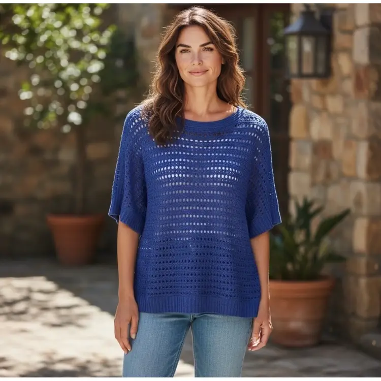 040 Chico's size 2 (large) Royal Blue Open Knit Top summer sweater