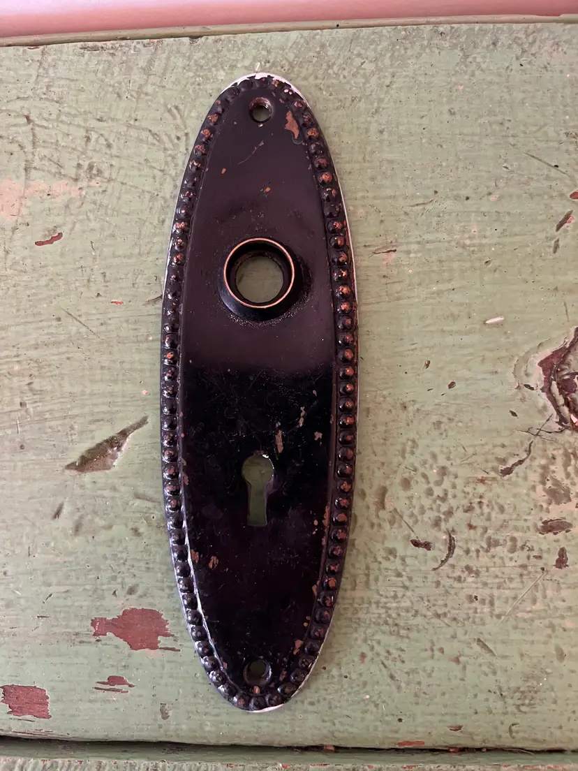 Antique 2 1/4" x 7 3/8" Oval Beaded Steel Door Knob Plate. Princess Design