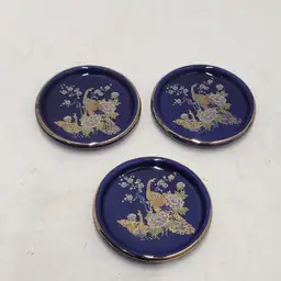 Set Of 3 Peacock Cobalt Blue Coasters With Gold Trim