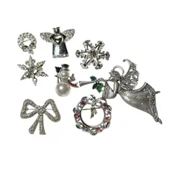 Collection Of Vintage Signed Silvertone Christmas Brooches -  Vintage Silvertone & AB Rhinestones Signed Christmas Brooches -  Gerry’s, Sarah Coventry, Ganz, JJ