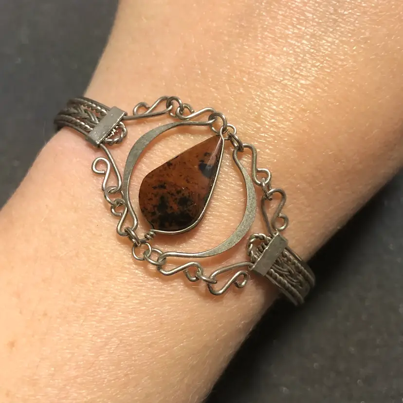 Vintage Mahogany Obsidian Semi-precious Stone Medallion Silver-Tone Bracelet