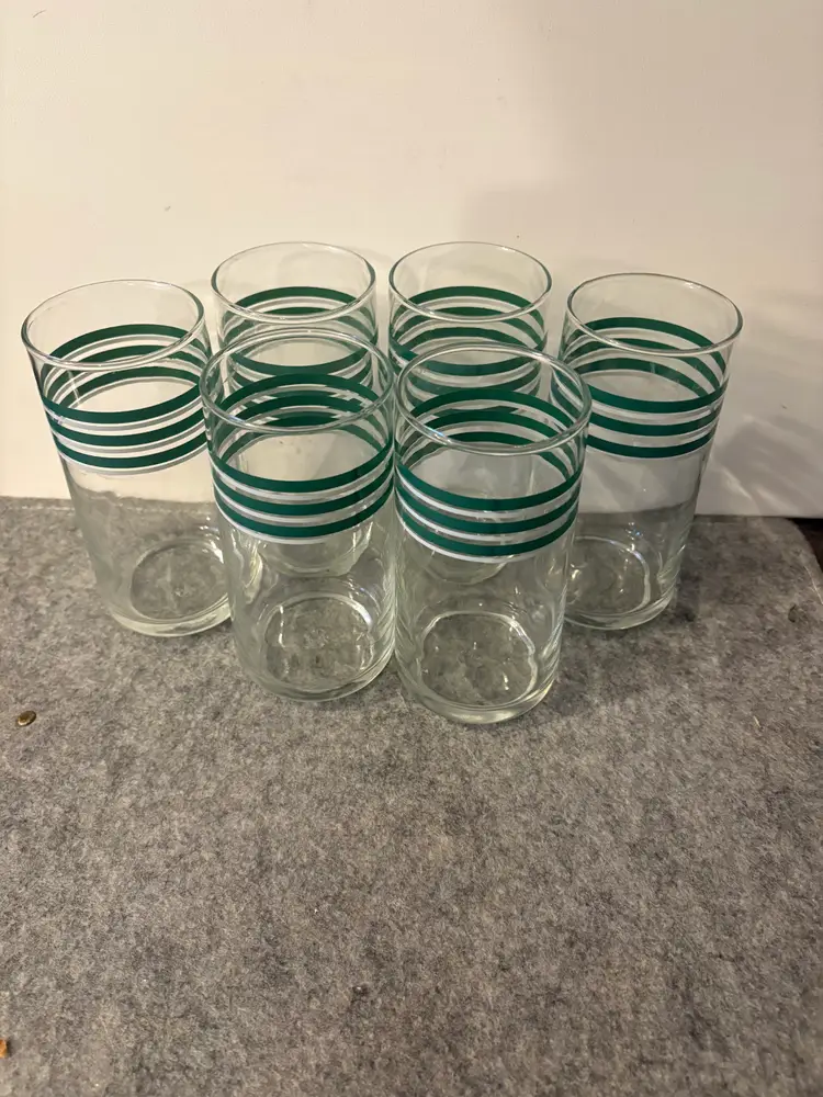 6 Vintage Green and White Striped Tumblers  # 3049