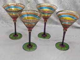 Set Of 4 Pier 1 Hand Painted Martini Glasses Stars Purple Stem Gold Bohemian Decor Christmas Gift