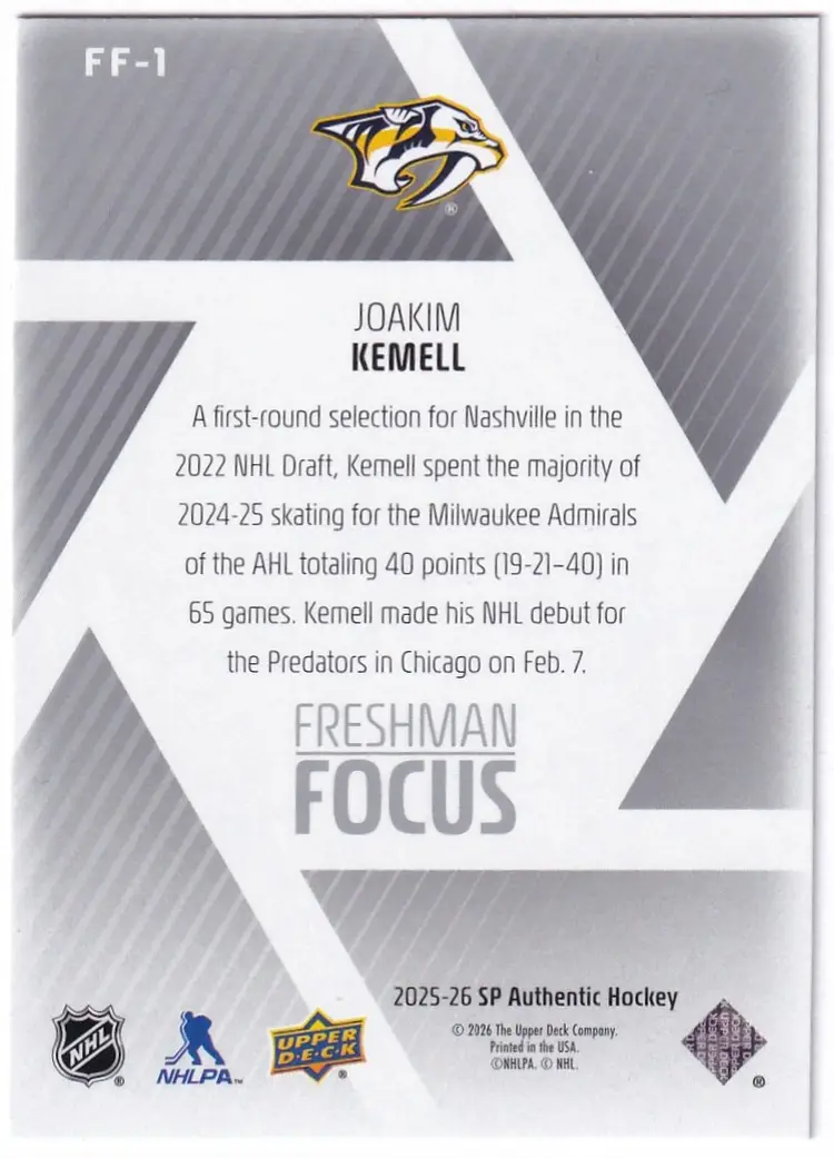 2025-26 SP Authentic Freshman Focus #FF1 Joakim Kemell Nashville Predators Hockey Card
