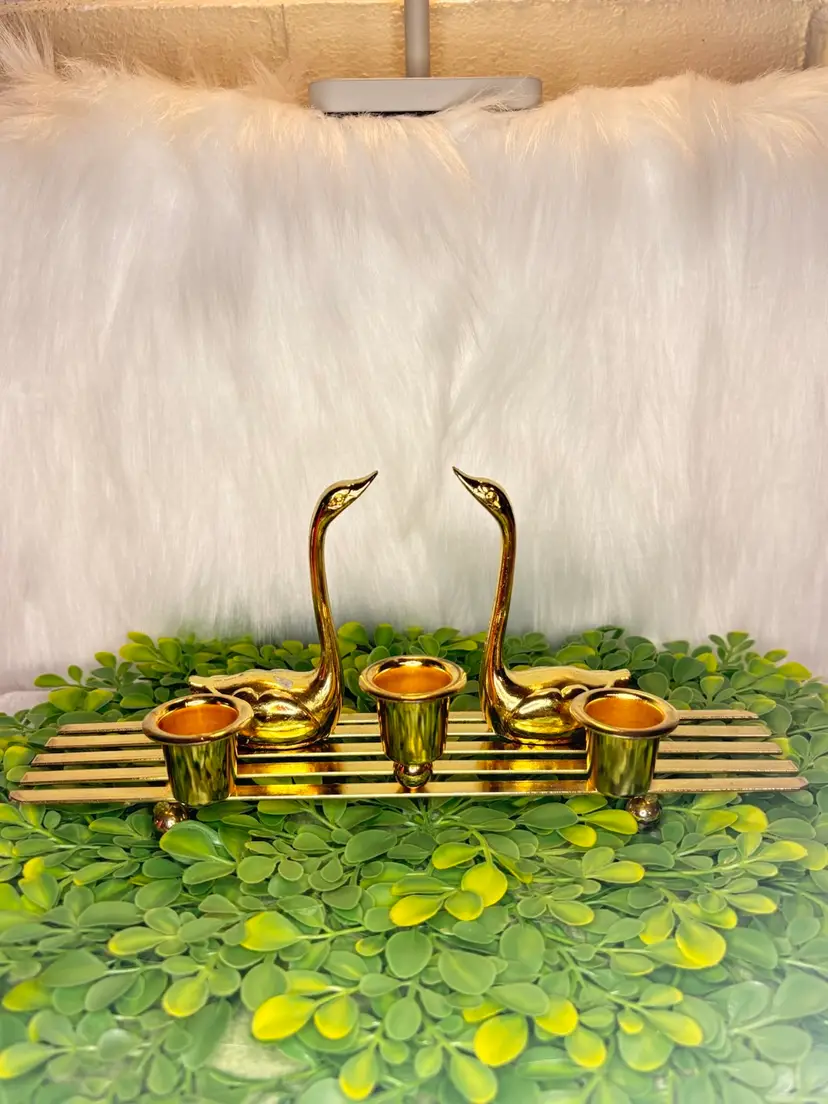 Vintage Christmas Around The World Brass Swans 3 Candle Stick Holder