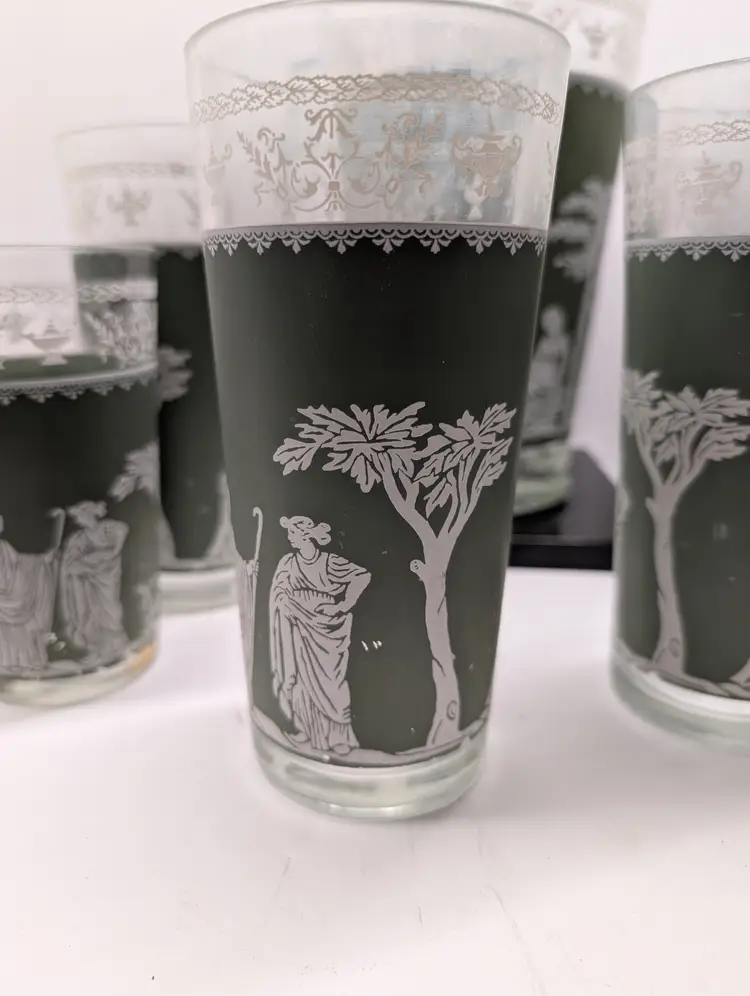 Jeannette Glass Hellenic Green pitcher and seven tumblers  and one juice glass *AS IS*