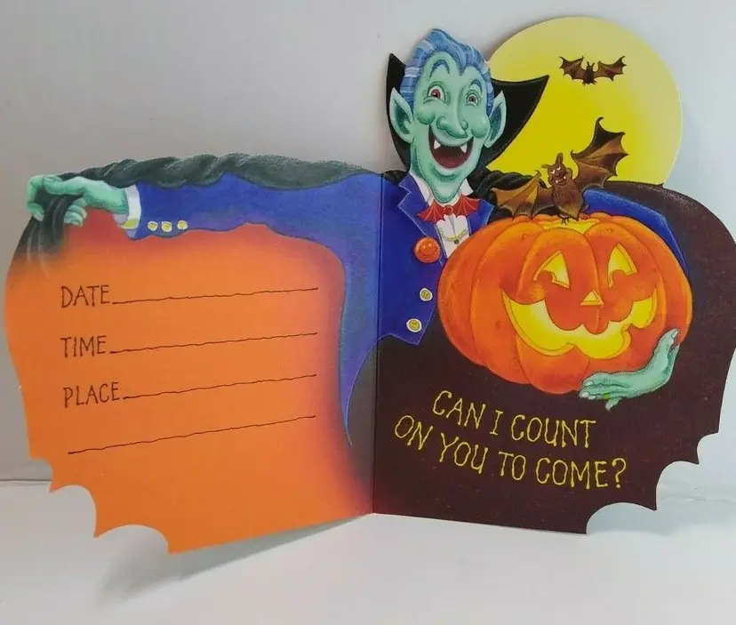 Halloween Dracula Vampire Bat Greeting Card Vintage Party Invite Hallmark Unused