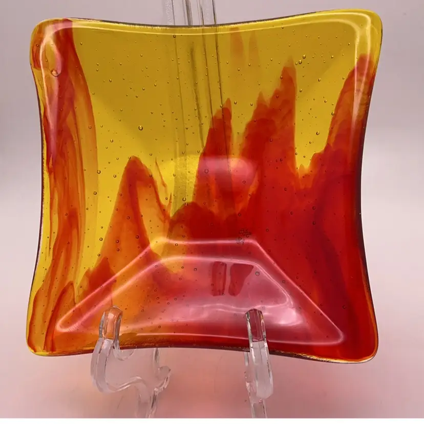 Made by Me! Fused Glass Yellow Streaky 5" Trinket Dish Handcrafted Studio Art