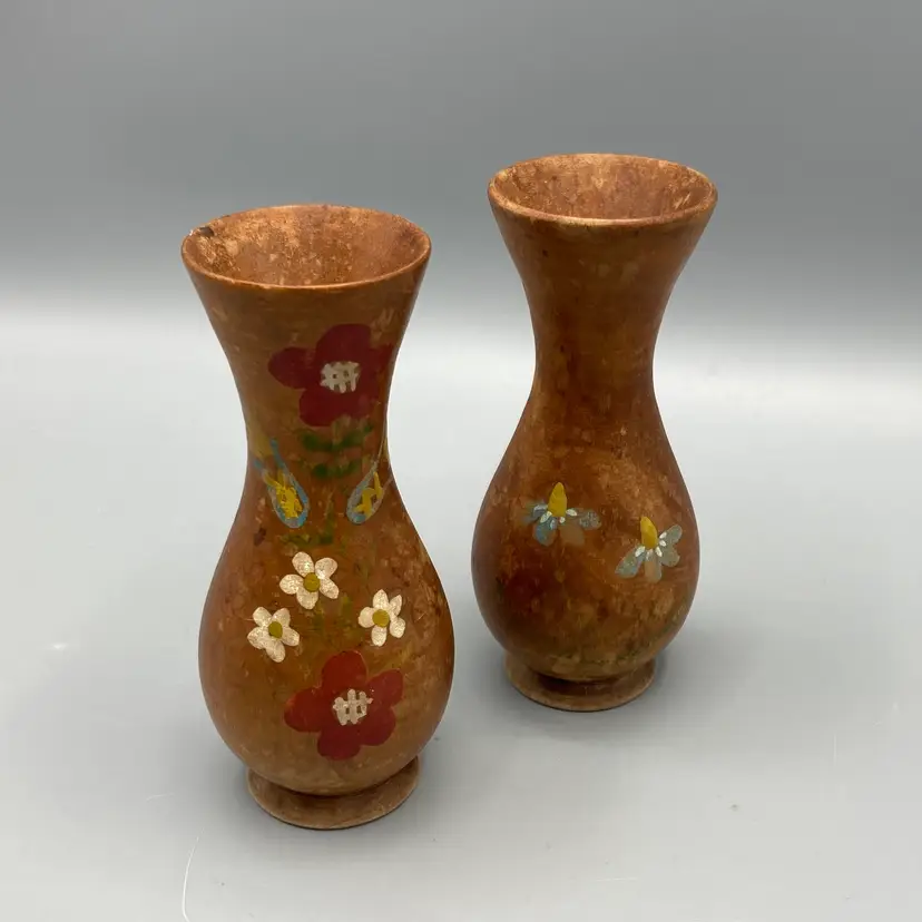 Vintage Hand Turned Solid Wood Vase with Hand Painting - Set of 2 - Miniature
