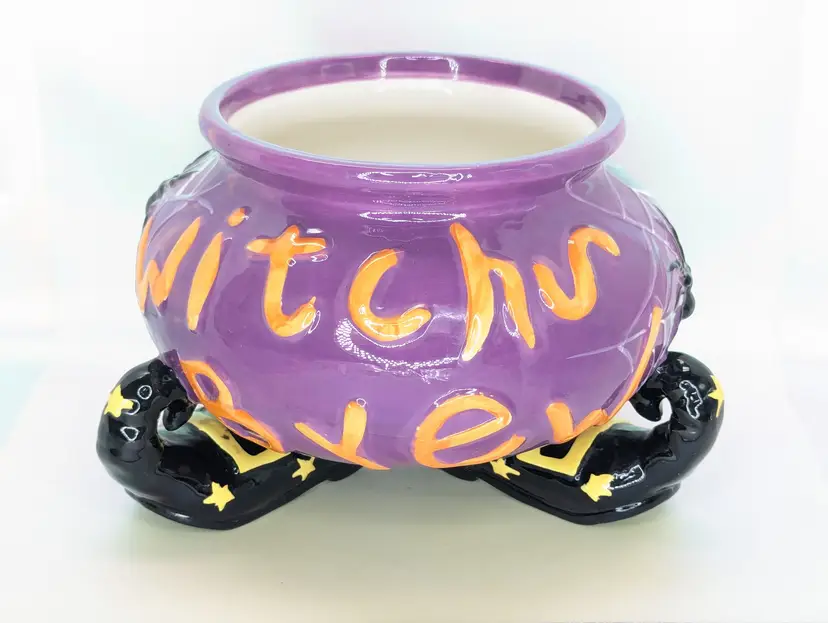 Halloween Witch’s Brew Footed Candy Bowl Ceramic Purple w/ Spider Web & Witch shoes Table Decor