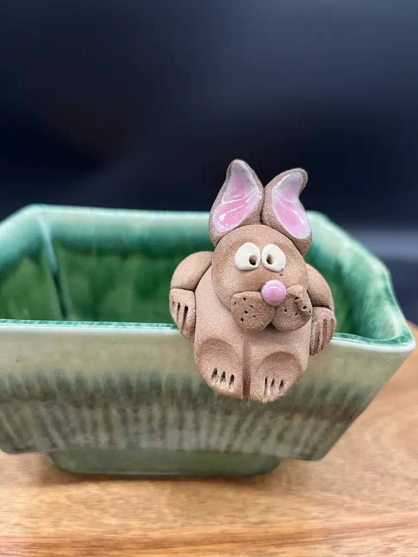 Vintage Ceramic Rabbit Figurine - Perches on Pottery Edge, Anthropomorphic, Easter, Spring