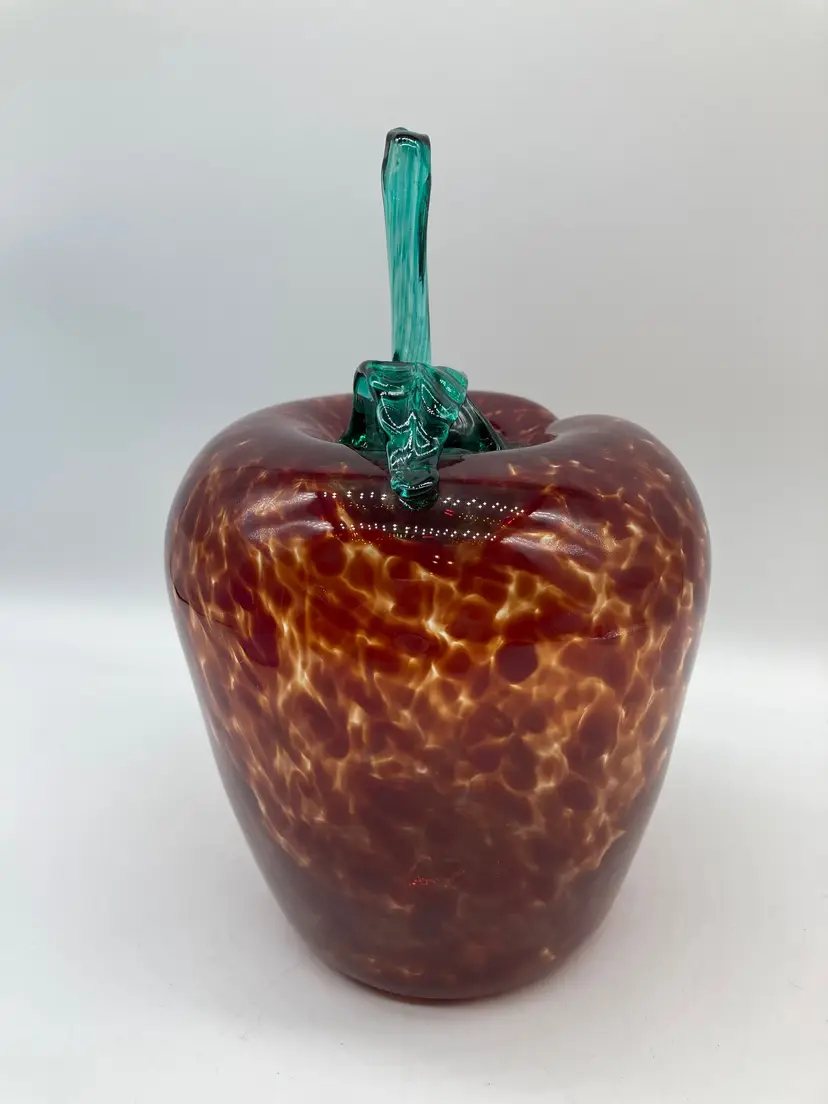 Large Red Art Glass Mottled Apple with Long Stem, Stamped Logo On Bottom