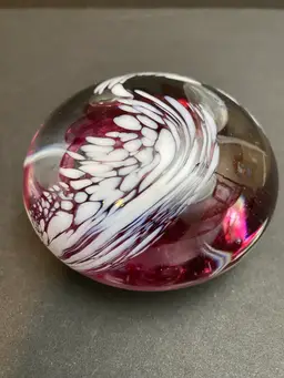 Glass Paperweight Red Magenta Floral Shape Inside W/ Painted White Design Outside