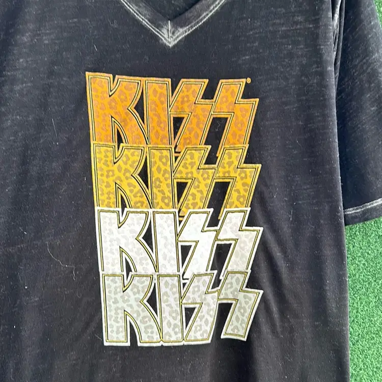 Kiss Sheer Black Shirt, Leopard Print Letters, Official Merchandise