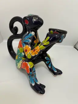 Blue With Multicolored Florals, Talavera, Red Clay, Pottery, Monkey Holding Mini Flower Pot Statue Lawn Art