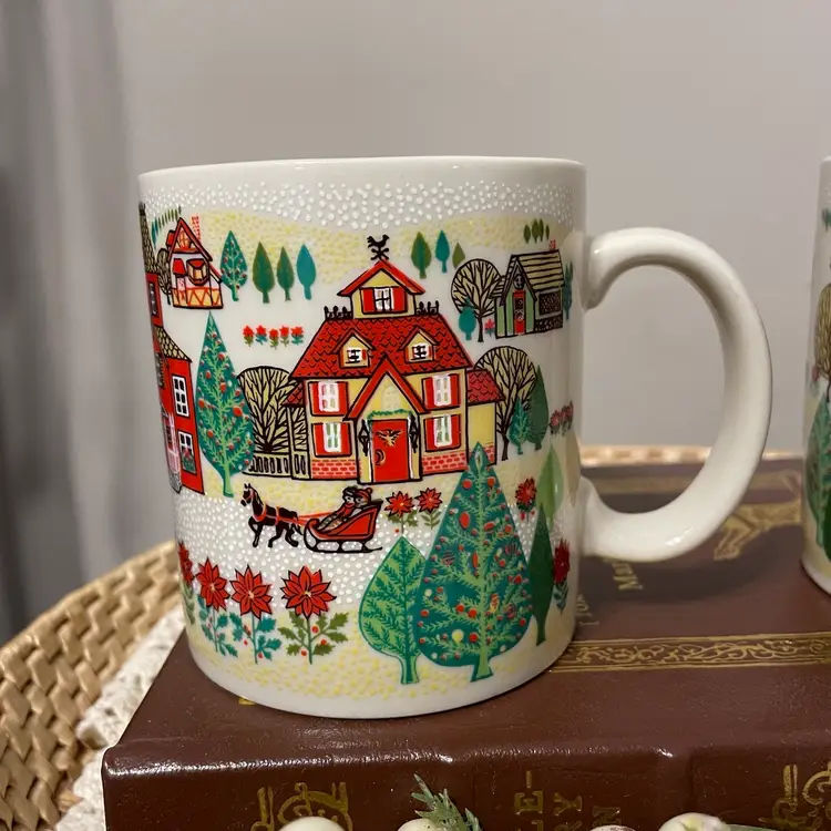 Vintage Otagiri Christmas Winter Scene Coffee Mugs Set of Two