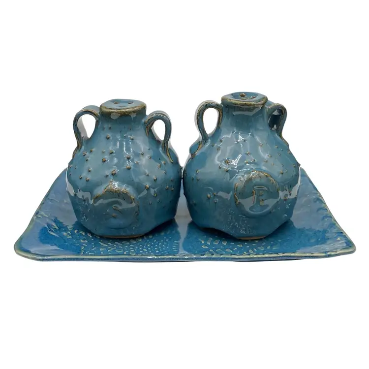 Studio Pottery Salt & Pepper Shakers w/Matching Plate Denim Blue Signed M. Dugan