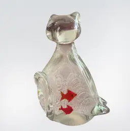 Glass Cat Paperweight With Two Fish In Belly
