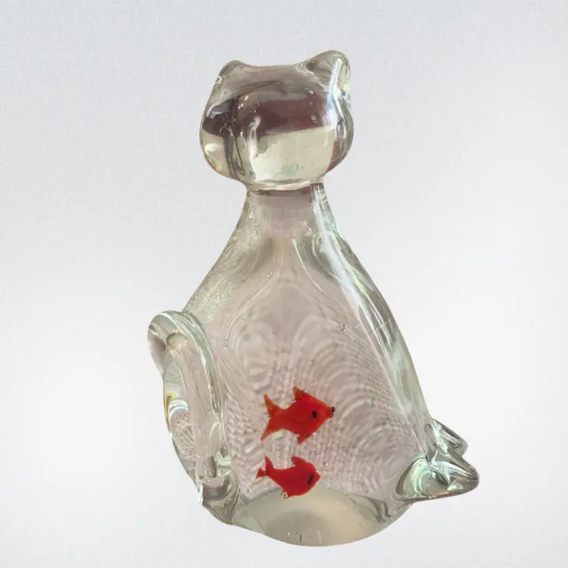 Glass Cat Paperweight With Two Fish In Belly