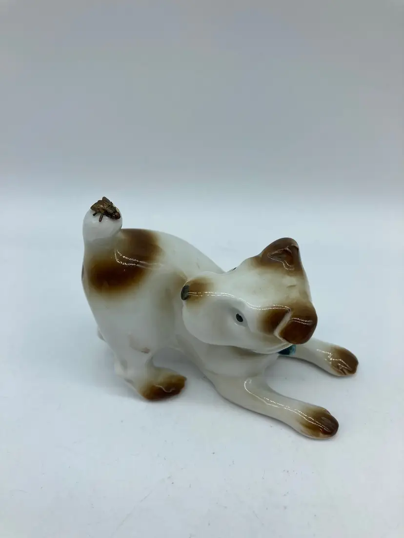 Vintage Ceramic White and Brown Terrier Dog w/ Fly on His Tail Figurine, Germany #5559