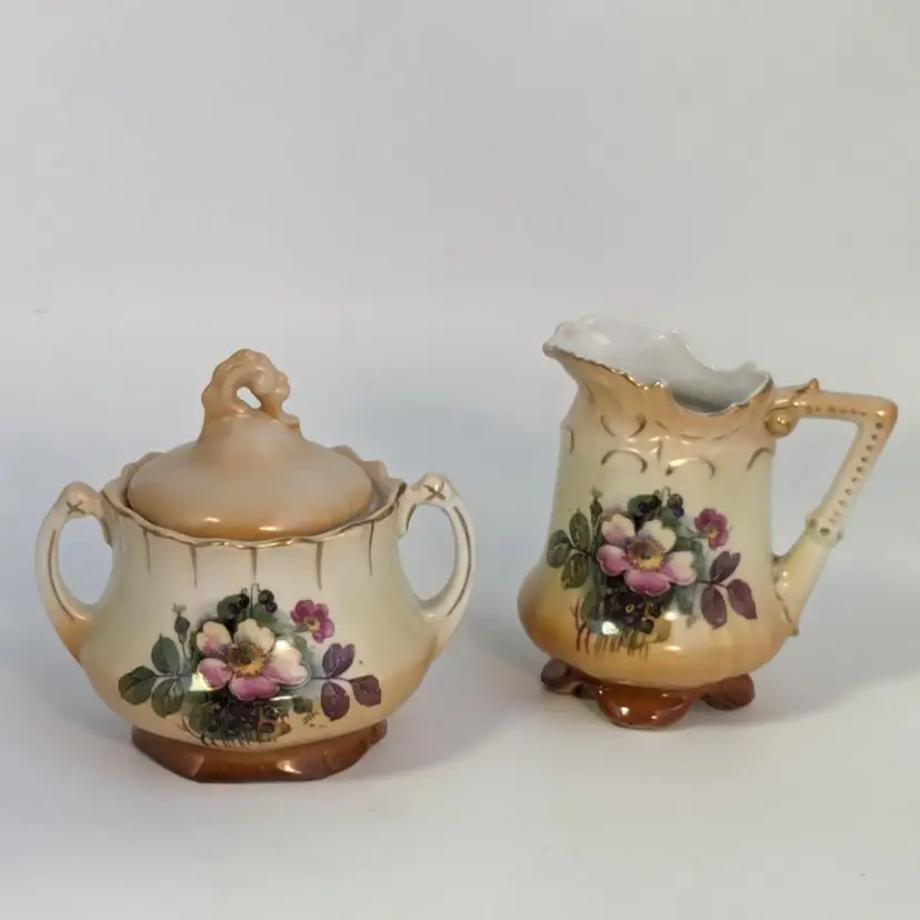 Vintage Austrian Sugar and Creamer Set Hand Painted Dogwood Violets