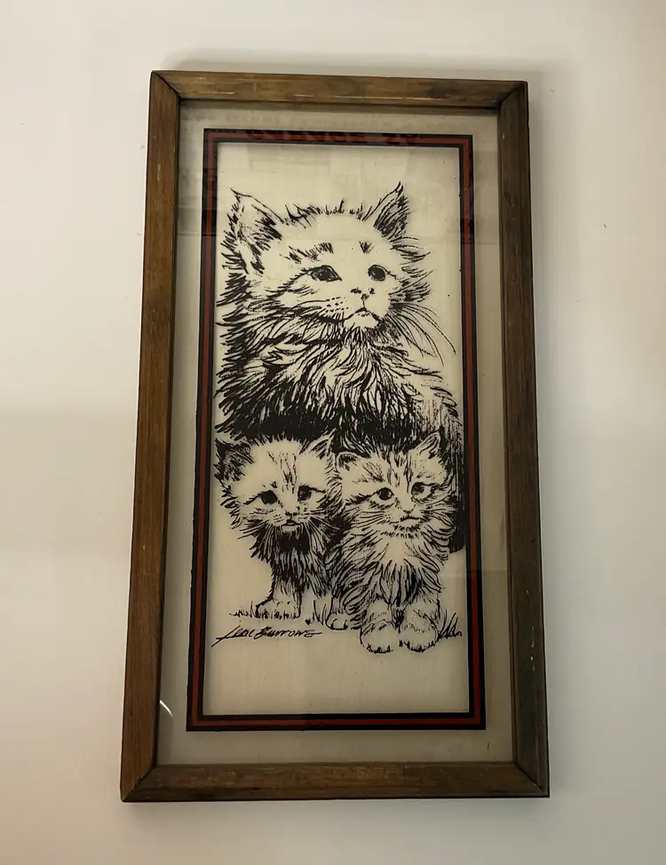 Reverse painted momma cat and her kittens, 6 1/2” x 12”, signed Leon Burrows