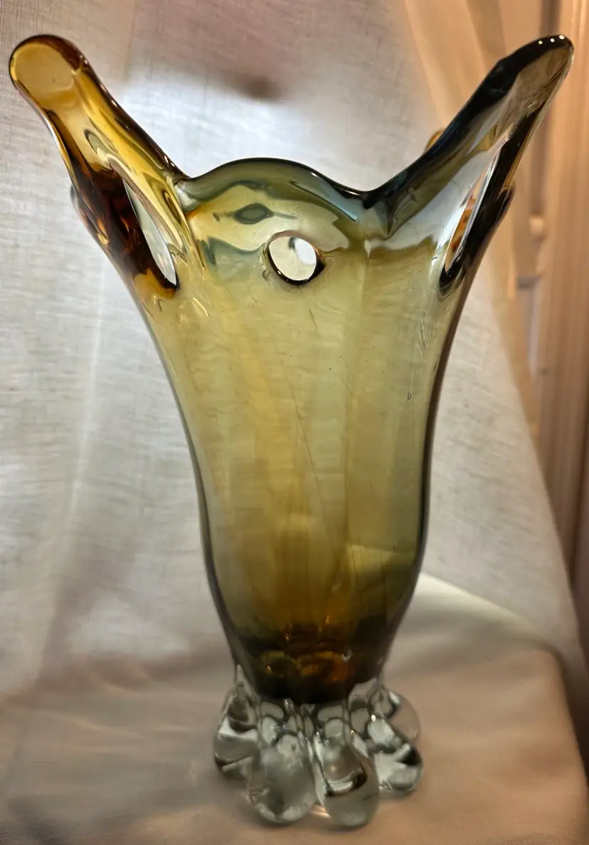 Vintage Swung Glass Gold, Amber, Blue  Stretched Hand Blown Vase. 12” tall