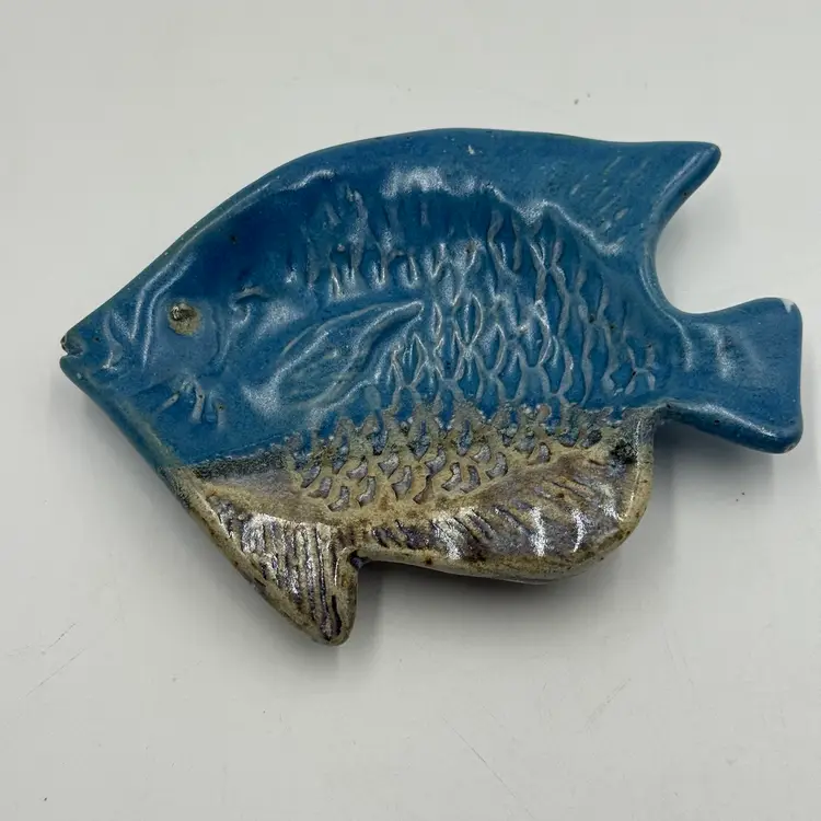 Steve Nedza USA Greenbriar Pottery Fish Trinket Tea Bag Holder Blue Grey Dish Stoneware Signed