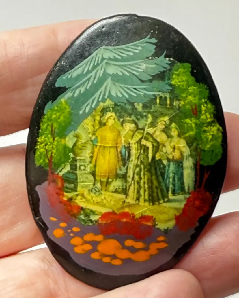 Vintage Russian Lacquer Wood Brooch Fairy Tale Folk Miniature Magic Squirrel '96