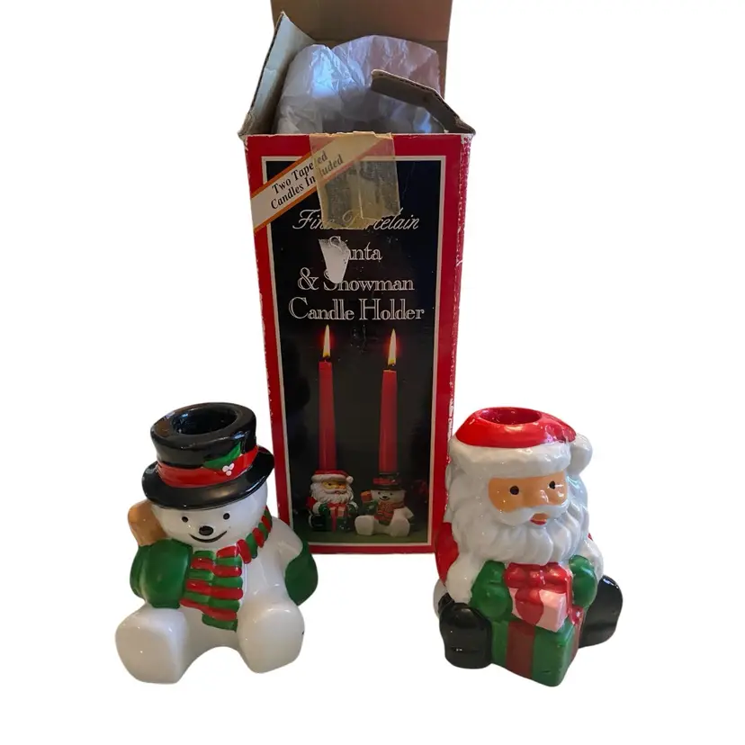 Vintage Santa Snowman Candle Holders With Box