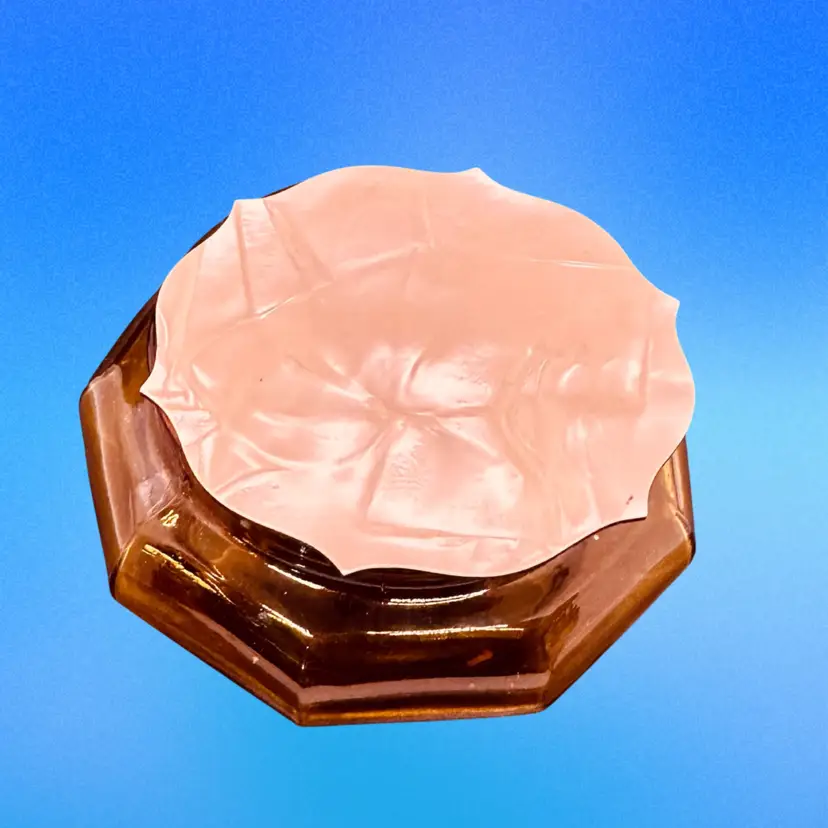 18. VTG Powder Jar Vanity Amber Octagon Glass dish w/off white pearlized celluloid Lid