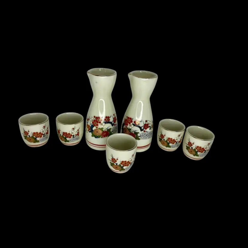 Asahi Sato Gordon 7 Pc Sake Saki Set Japanese Cherry Blossom 2 Decanters 5 Cups
