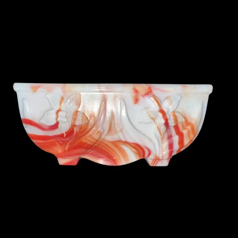 Vintage AKRO AGATE Red & Orange Marble Swirl Slag Glass Daffodil Planter USA