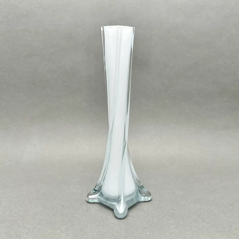 Vintage MCM Twisted White Cased Clear Glass Bud Vase