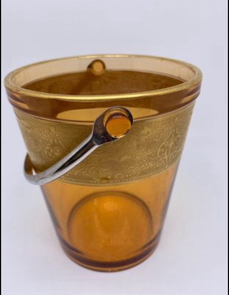 Vintage Amber glass ice bucket with gold inlay