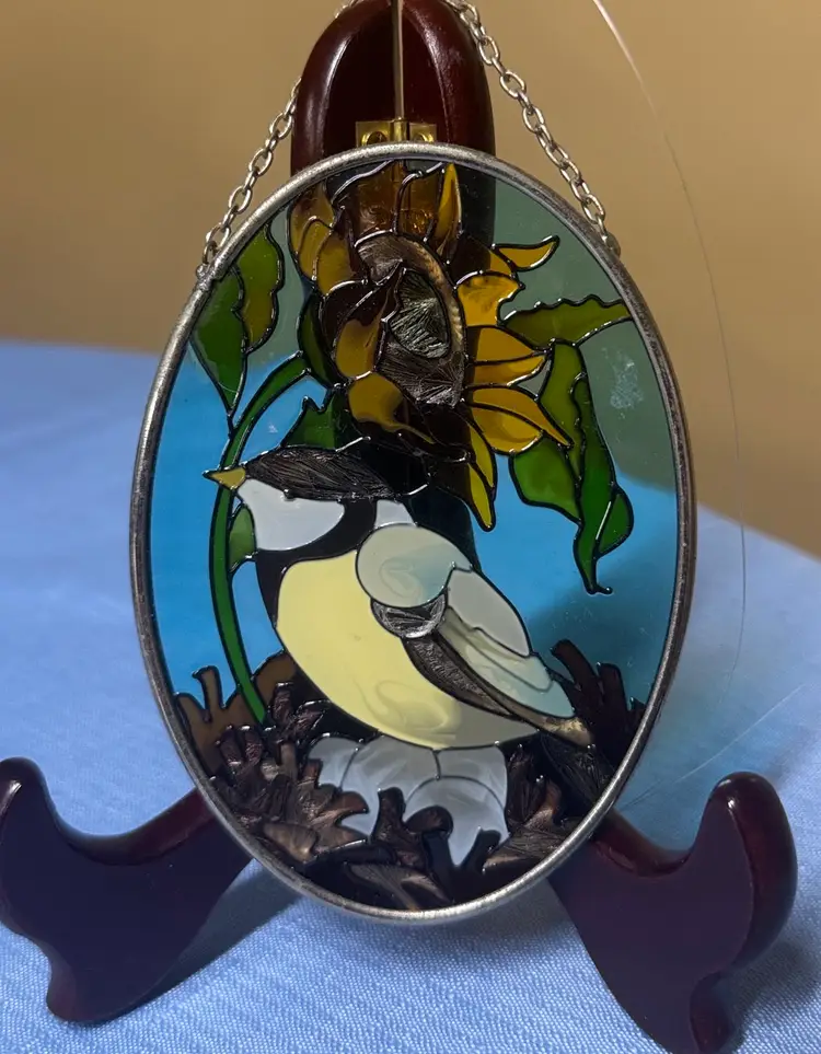 Stained Glass Bird Suncatcher Yellow Bird on nest with Sunflower hand painted