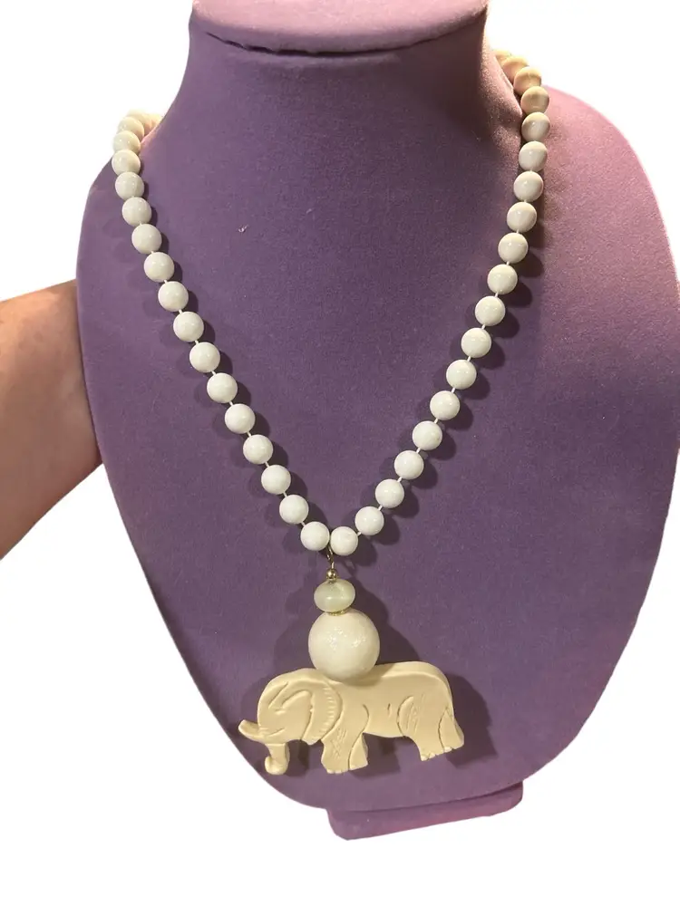 Vintage 80s Carved Elephant Extra Long Plastic Statement Necklace